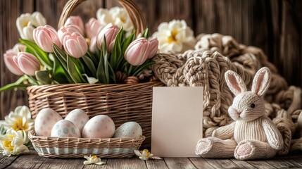 cozy Easter pregnancy announcement scene. setting with soft pastel colors, light floral elements