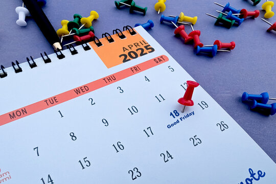 good friday 2025 calendar marked with push pin on 18th april month 2025