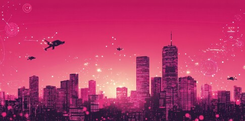 Fototapeta premium Futuristic cityscape with flying vehicles against a pink sky