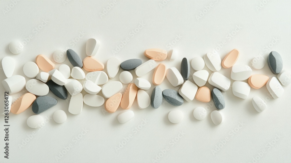 Poster assorted tablets and capsules in different shapes and colors