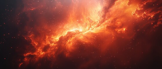 Fiery Nebula in Deep Space Red and Orange Galactic Cloudscape with Distant Stars.