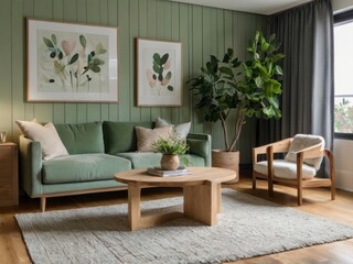 Serene Green Living Room With Wooden Furniture And Plants