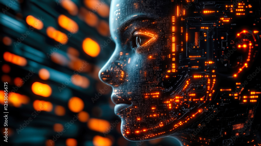 Poster futuristic artificial intelligence concept with digital interface and illuminated data patterns in t