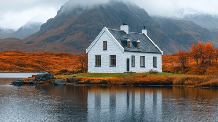 Fototapeta premium White House Lakeside Autumnal Mountain Scenery