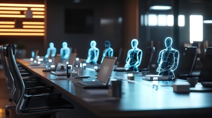 Holographic figures in a modern conference room, seated at a long table with laptops.