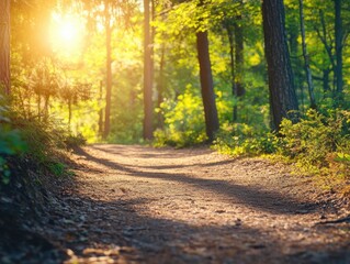 Obraz premium Sunlit Path Through a Lush Green Forest Tranquil Woodland Scene.