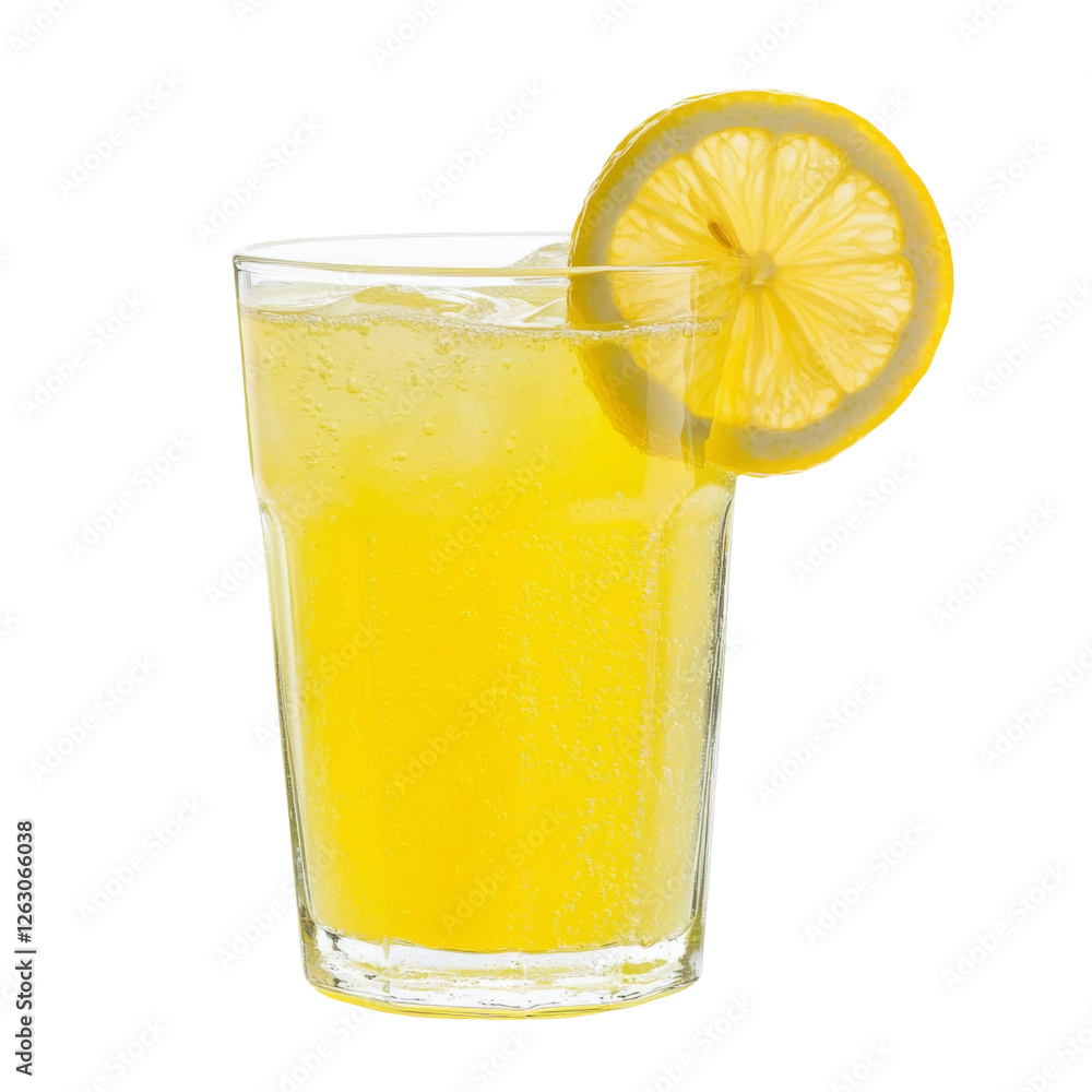 Poster refreshing lemon drink in glass with ice and lemon slice