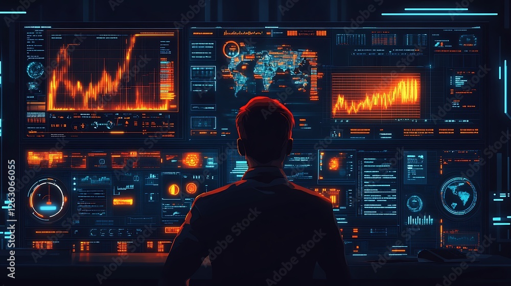 Aufkleber person viewing multiple screens displaying data charts and world map in dark room.