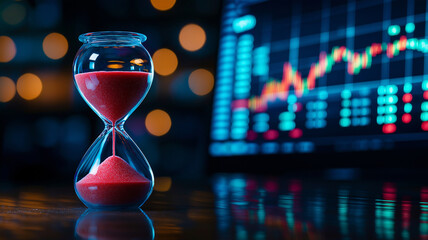 Resin hourglass on wooden desk beside computer screen displaying financial data, symbolizing time management and investment strategies