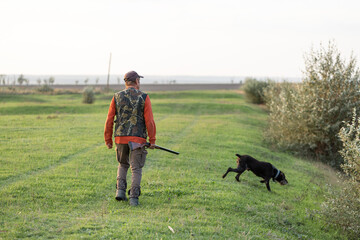 Mature hunter man holding a shotgun and walking through a field