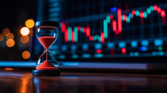 resin hourglass filled with red sand sits on wooden desk, symbolizing time management and urgency, with blurred stock market chart in background