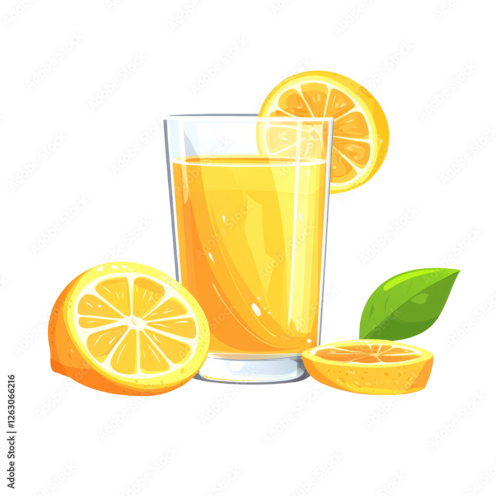 Poster fresh lemon juice in glass with lemon slices and leaves, vibrant and refreshing. perfect for summer 