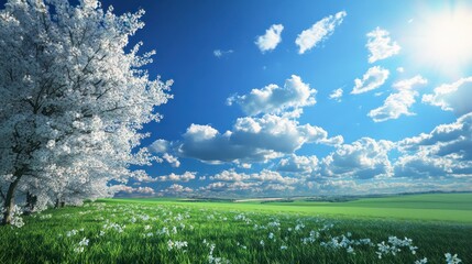 Fototapeta premium Spring blossoms, sunny field, blue sky, nature background, idyllic scene
