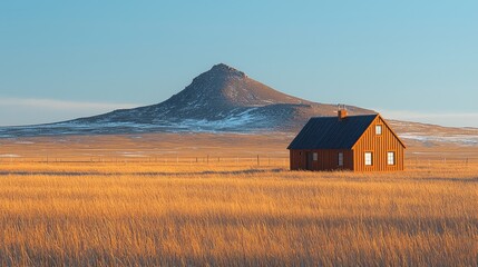 Lone Cabin Stands in Golden Prairie Field Near Mountain