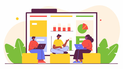 A vibrant office workspace illustration showing a team of professionals collaborating on laptops