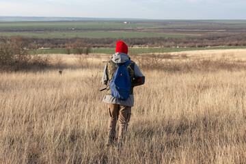 Mature hunter man holding a shotgun and walking through a field