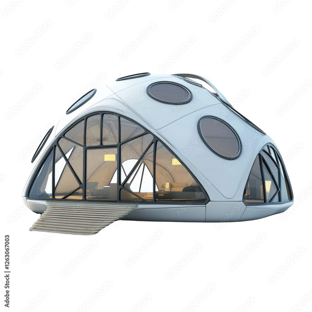 Poster modern futuristic house design with unique dome shape and large windows, showcasing innovative archi