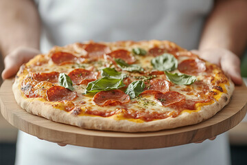 A person is holding a pizza with pepperoni and basil on it
