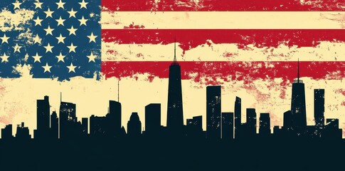 United states flag backdrop with a silhouette of a skyline