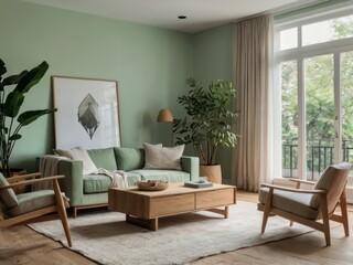 Fototapeta premium Serene Green Living Room With Modern Furniture And Plants