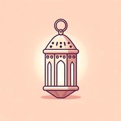 A minimalist digital illustration of an ornate Ramadan lantern with soft lighting on a pastel peach background. The lantern features intricate geometric patterns and a glowing effect.