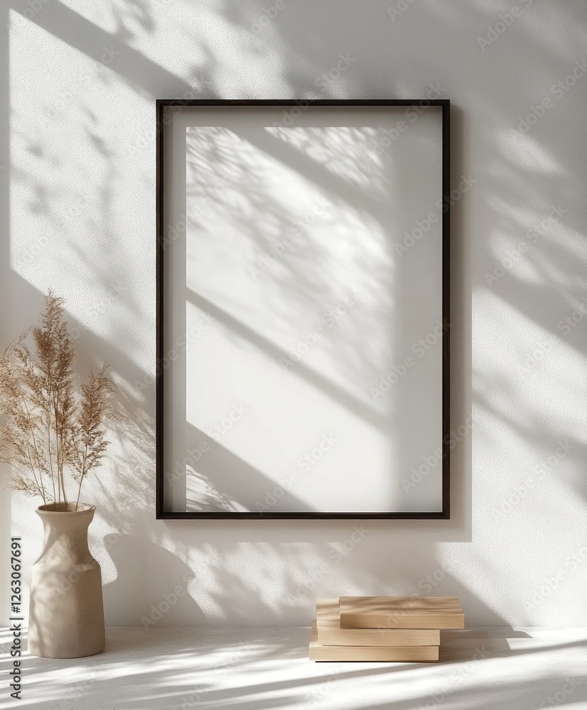 Poster minimalist empty frame mockup 3d render in scandinavian style with natural light on white wall