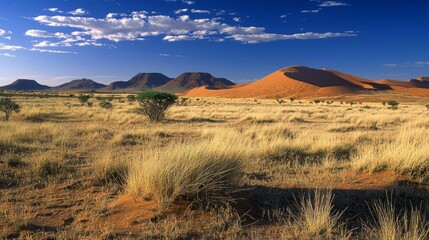 Naklejka premium Stunning Desert Landscape with Dunes and Distant Mountains at Sunrise
