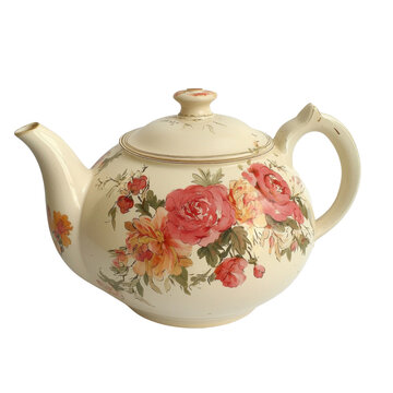 Elegant floral teapot with pink and yellow roses, vintage design, ceramic material, perfect for tea parties or home decor