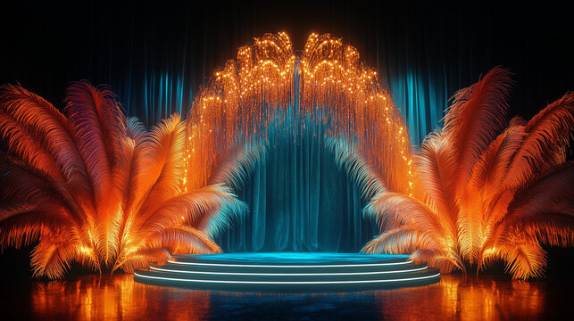 Extravagant burlesque stage with golden lights, feathered decor, and luxurious velvet curtains, perfect for cabaret, theater, and glamorous performances