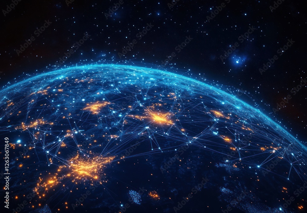 Poster digital earth representation with blue global connectivity network in futuristic style