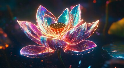 Vibrant iridescent lotus flower blooming at night digital art