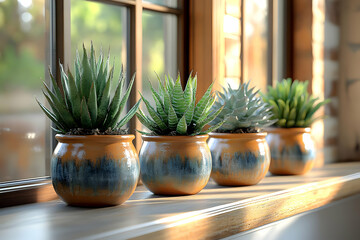 Four Succulent Plants In Terracotta Pots On Window Sill