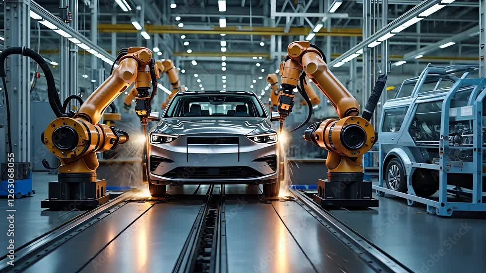 Aufkleber automated car manufacturing process with robotic arms assembling a modern vehicle in a high-tech ind