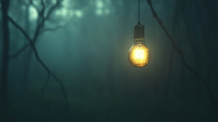 Illuminated Idea Glowing Lightbulb in Eerie Foggy Forest, Conceptual Image.