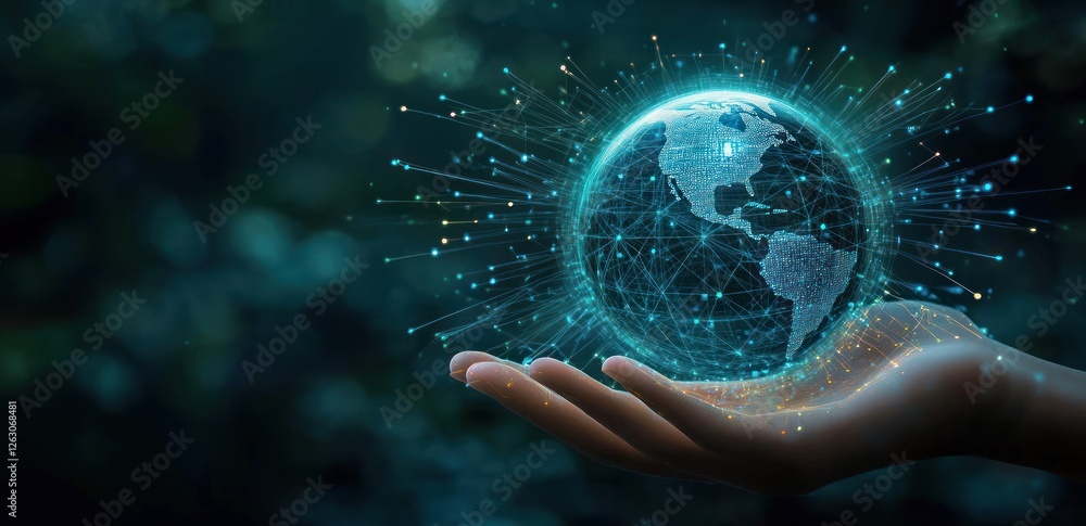 Poster futuristic hand holding holographic globe with digital connections emphasizing ai cloud computing an