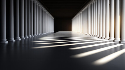 Fototapeta premium modern interior featuring white columns casting long shadows, creating dramatic effect. interplay of light and shadow enhances architectural beauty