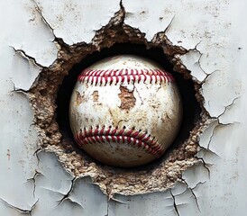 Cracked Wall Revealing Weathered Baseball with Dramatic Lighting and Texture