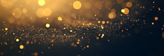 Abstract golden bokeh lights on a dark background. Soft glowing particles create a festive and elegant atmosphere. Perfect for celebrations, holiday designs, and luxury branding