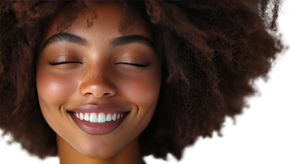 Radiant Smile: A captivating close-up of a beautiful woman with her eyes closed, bathed in soft natural light, revealing a genuine and heartwarming smile that exudes joy and peace.