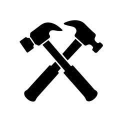 Minimalist black silhouette of crossed hammer and wrench on white background