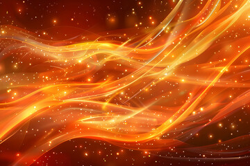 Fototapeta premium Abstract flowing waves of orange and gold with sparkling particles on a dark background
