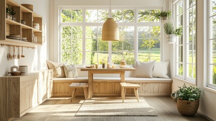 Fototapeta premium Bright and Cozy Interior Dining Space with Natural Light and Plants