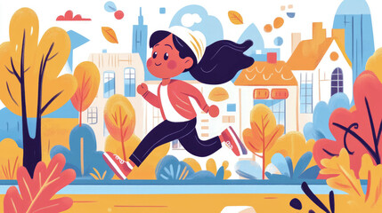 Cheerful Girl's Morning Jog: An illustration of healthy life in a small town with bright autumn colors, great for editorial piece.