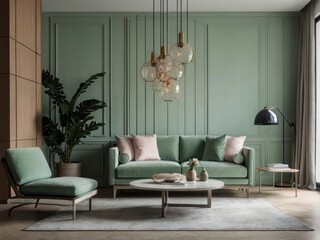 Elegant Green Living Room Interior Design With Modern Lighting
