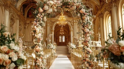 Obraz premium Opulent Wedding Venue Golden Ballroom with Floral Arch and Aisle