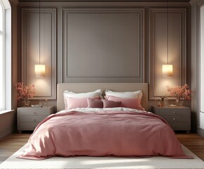 Modern Minimalist Bedroom Interior Soft Lighting and Pink Bedding