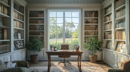Fototapeta premium Cozy and Bright Home Office with Bookshelves and Natural Light