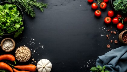 The background of cooking. On a black wooden background. Top view. Free space for your text.