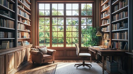 Cozy Home Library with Sunlight Streaming Through Large Windows
