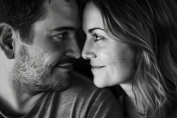 Obraz premium Portrait of a grinning couple in their 30s looking into each other's eyes